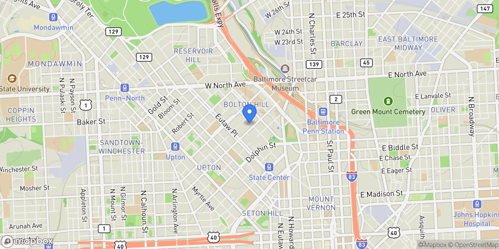 Map showing 1402 Bolton Street, Baltimore, MD 21217, Baltimore, Maryland, United States.