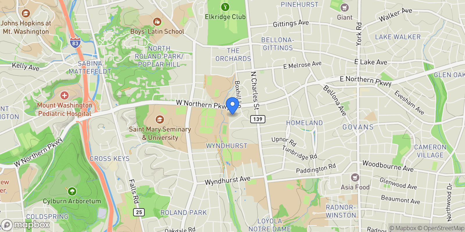 Map showing 102 Cotswold Road, Baltimore, MD 21210, Baltimore, Maryland, United States.