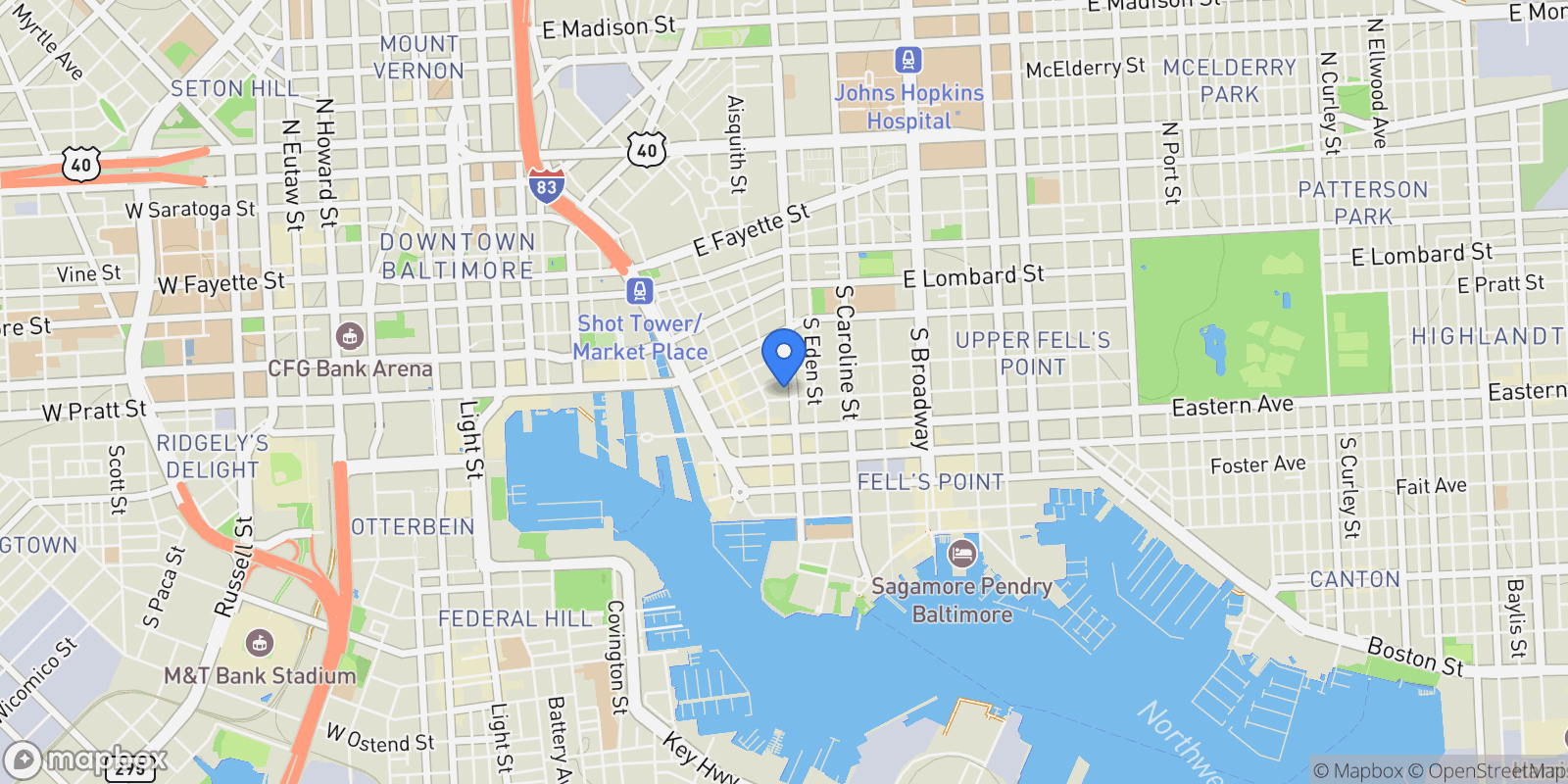 Map showing 1220 Bank Street , 303, Baltimore, MD 21202, Baltimore, Maryland, United States.