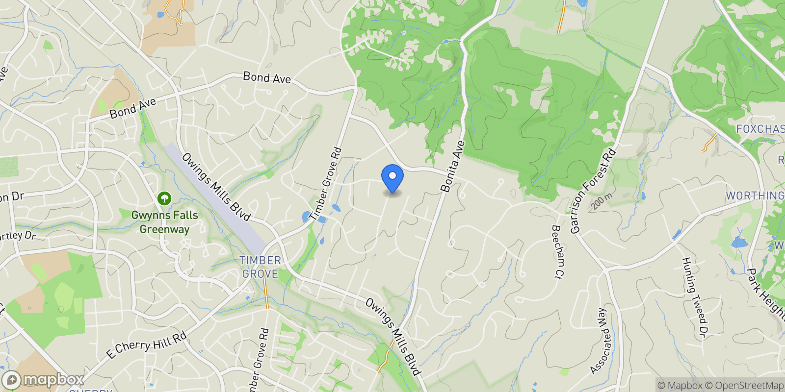 Map showing 12209 Long Lake Drive, Owings Mills, MD 21117, Owings Mills, Maryland, United States.