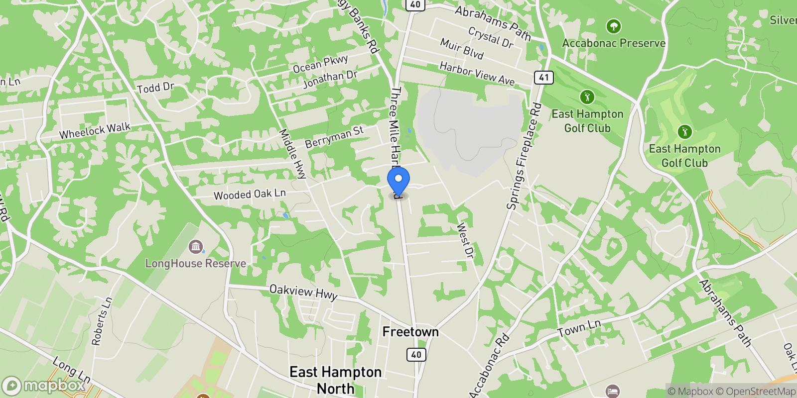 Map showing THREE MILE HARBOR RD, East Hampton, New York, United States.