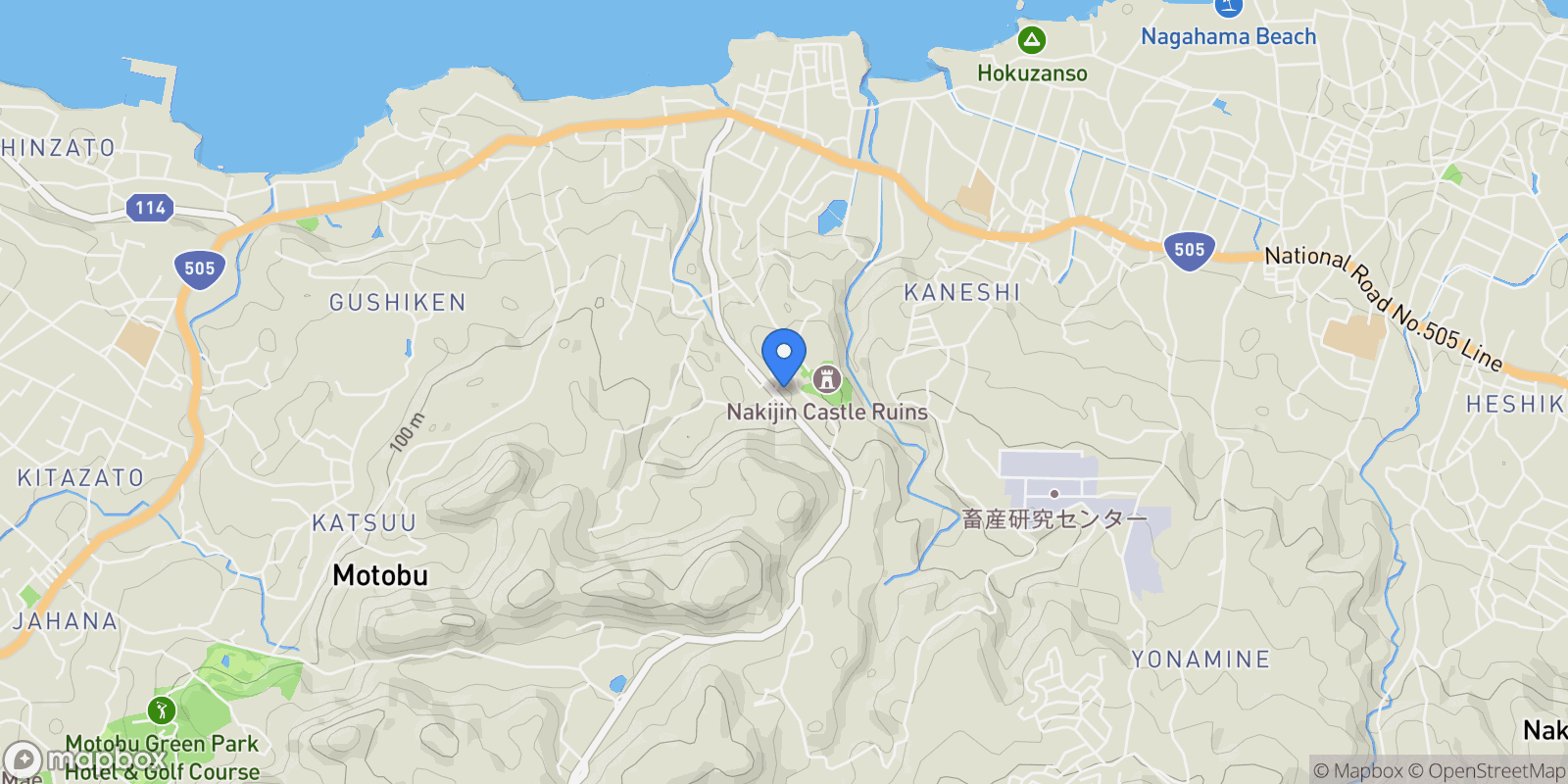Map showing Kunigami-gun, 14 905-0428, Nakijin, Okinawa, Japan.