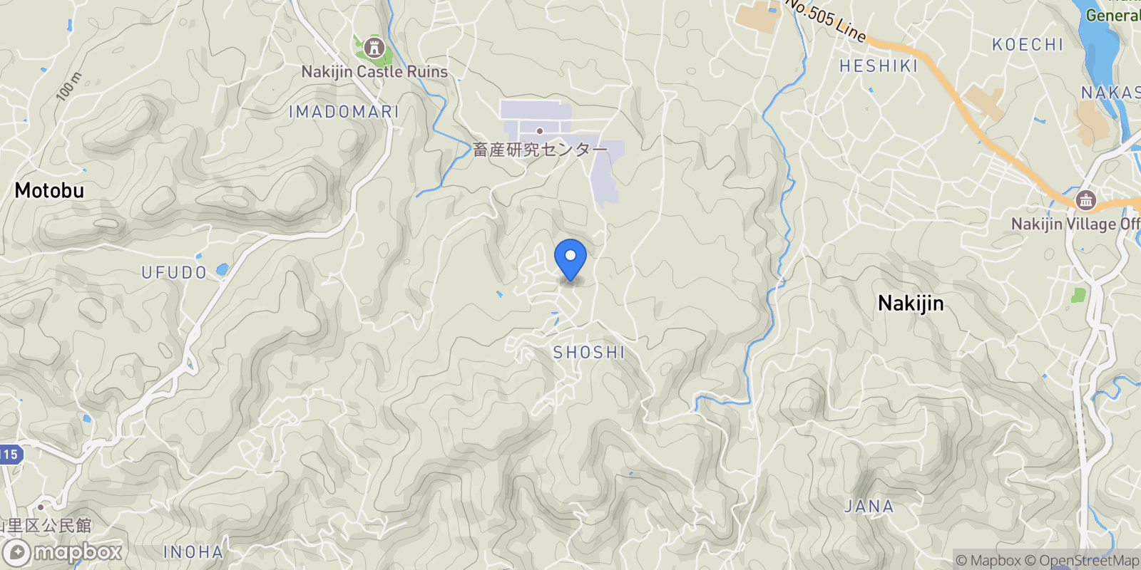 Map showing Nakijin-son, Kunigami-gun, 47 905-0426, Nakijin, Okinawa, Japan.