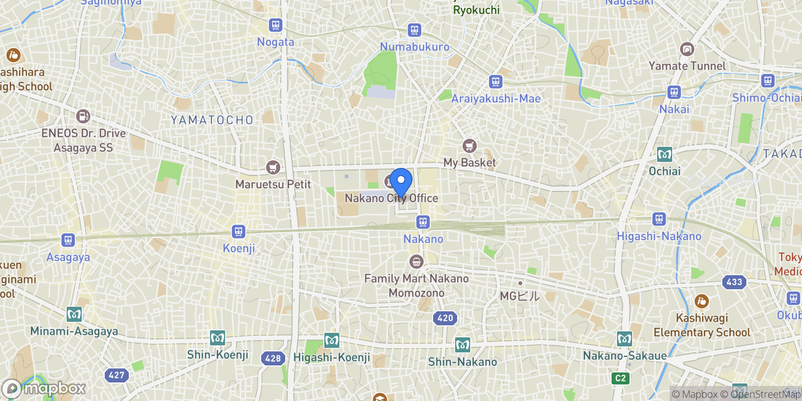 Map showing Nakano-Ku, 13, Nakano City, Tokyo, Japan.