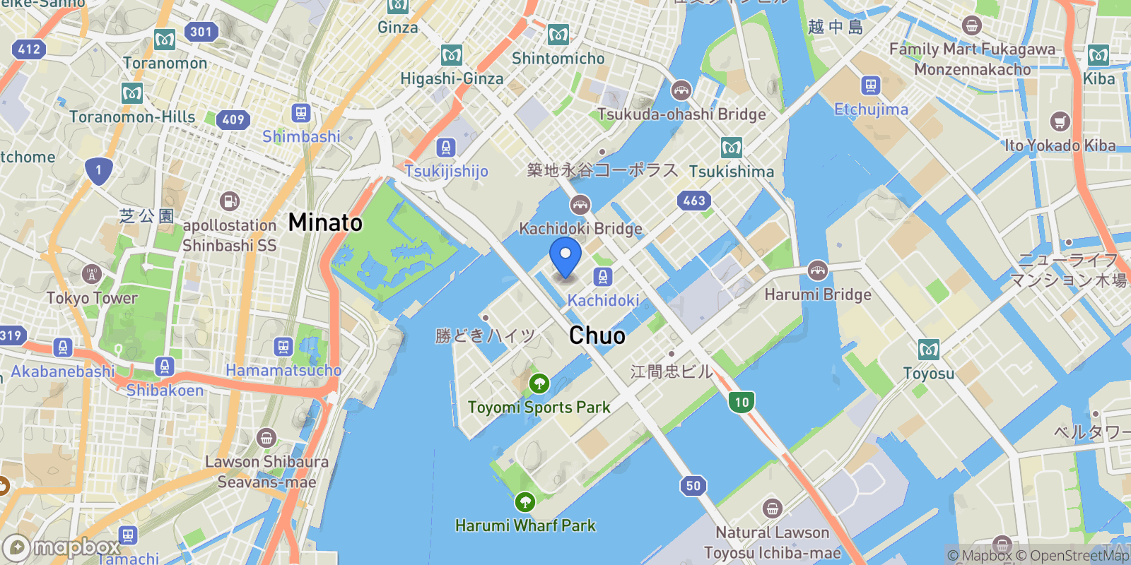 Map showing Chuo-ku, 13 104-0054, Chuo City, Tokyo, Japan.