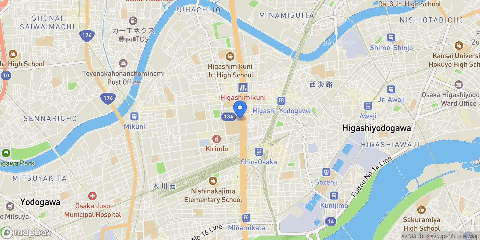 Map showing Osaka-shi, 27 532-0003, Osaka, Osaka, Japan.