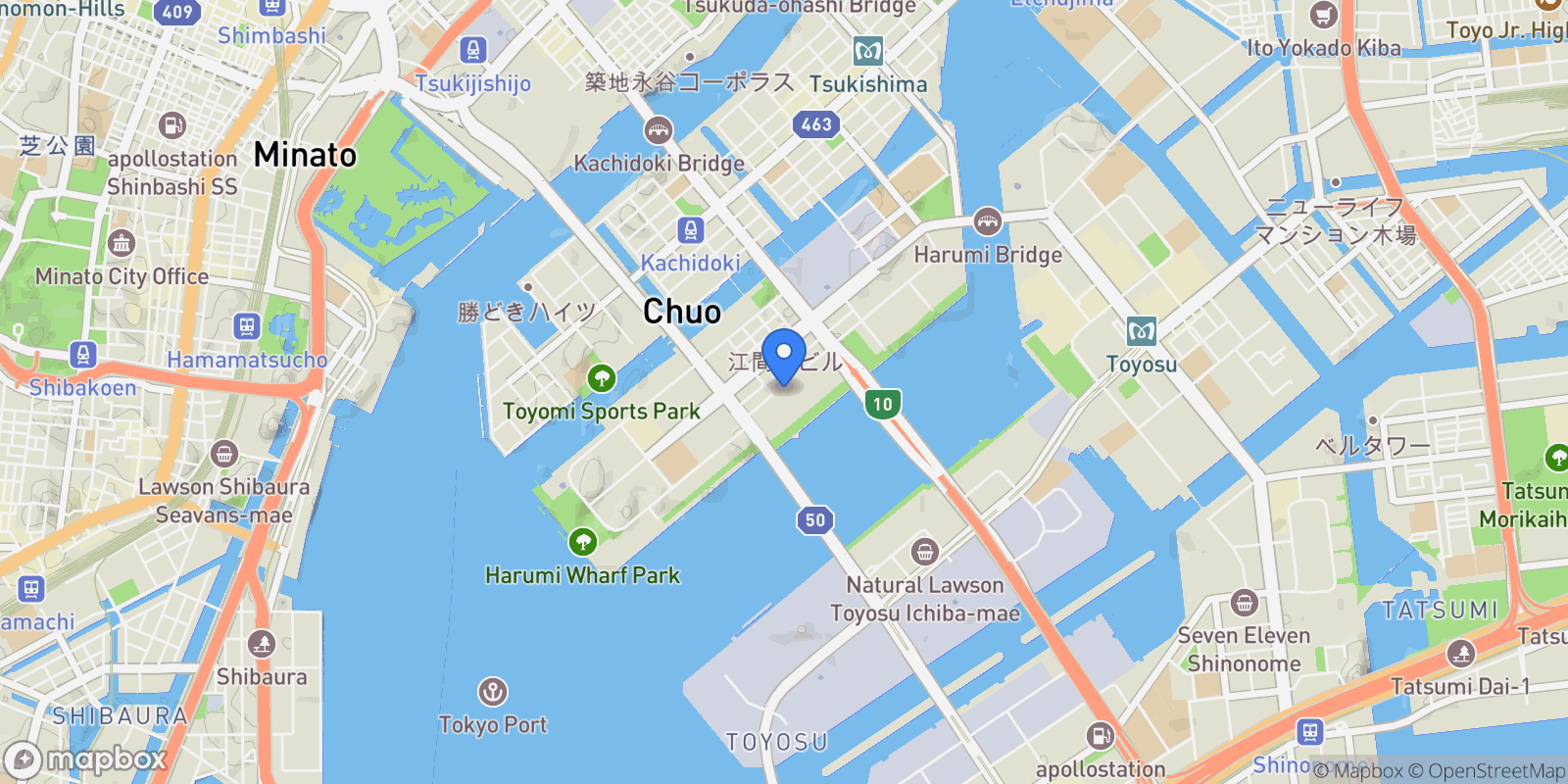 Map showing Chuo-ku, 13 104-0053, Chuo City, Tokyo, Japan.