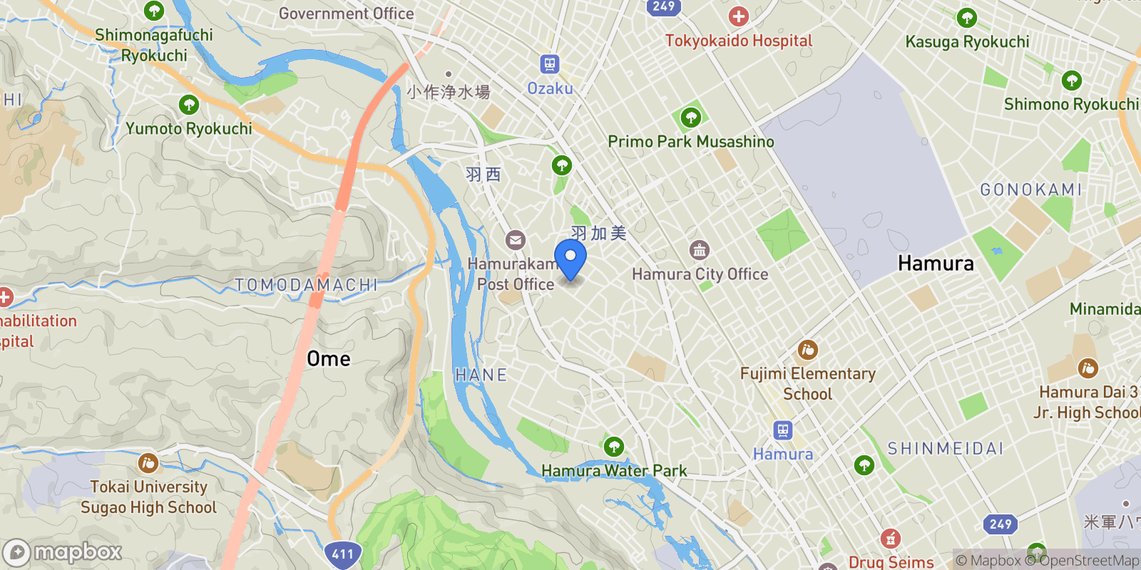 Map showing Hamura City, 13 205-0016, Hamura, Tokyo, Japan.