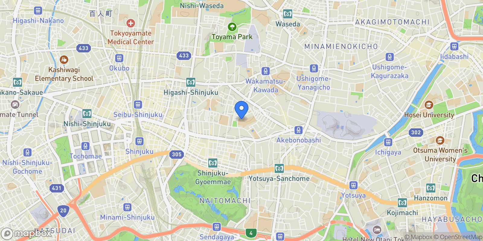 Map showing Shinjuku-ku, 13 162-0067, Shinjuku City, Tokyo, Japan.
