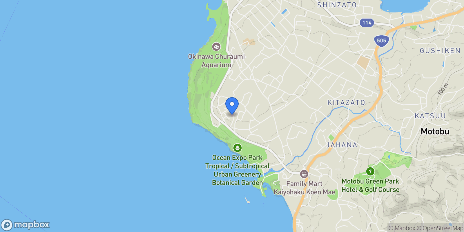 Map showing Kunigami, 47 905-0205, Motobu, Okinawa, Japan.