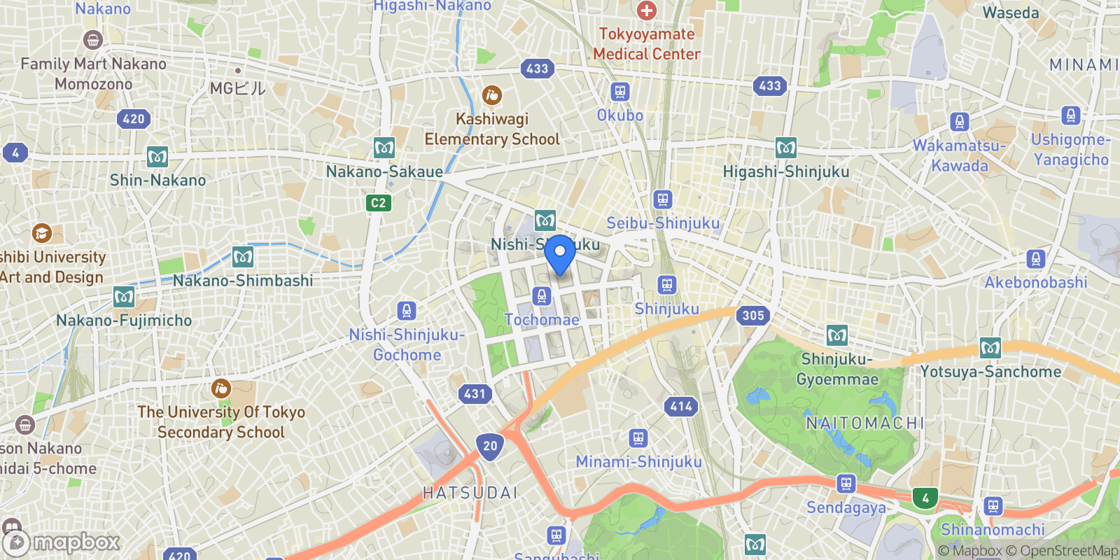 Map showing Shinjyuku-ku, 14 160-0023, Shinjuku City, Tokyo, Japan.