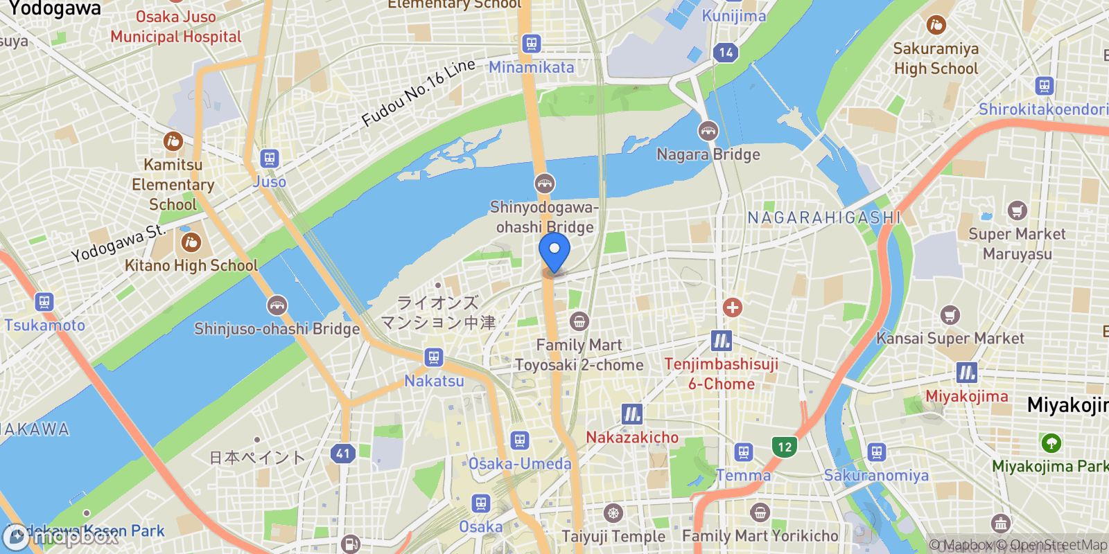 Map showing Osaka City, 27 531-0072, Osaka, Osaka, Japan.