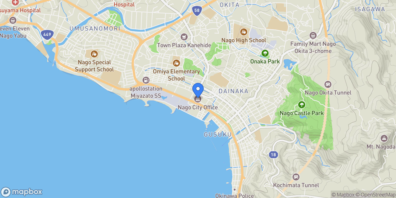 Map showing Nago, 47, Nago, Okinawa, Japan.