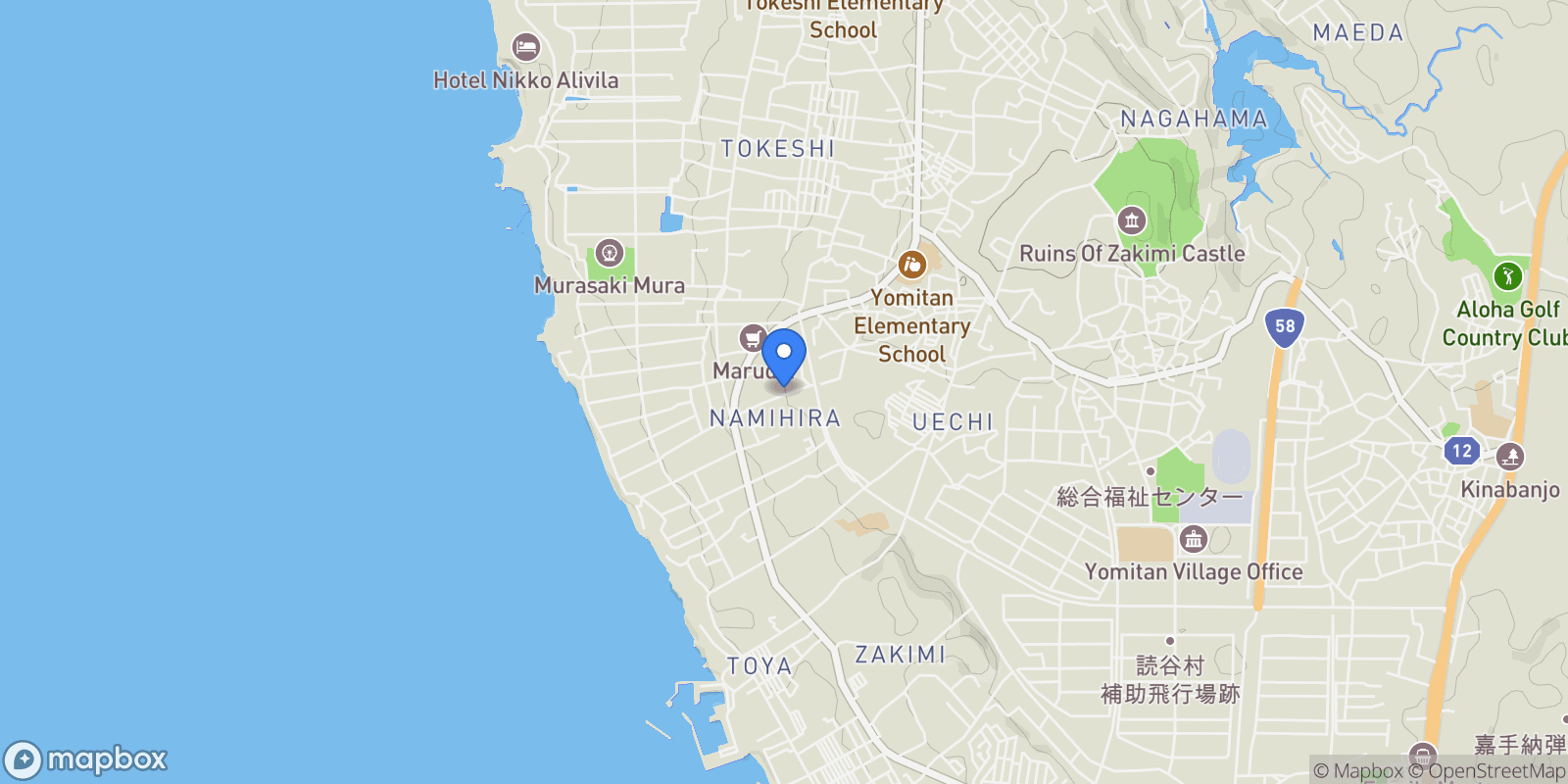 Map showing Yomitanson nakagami District, 47 904-0322, Yomitan, Okinawa, Japan.
