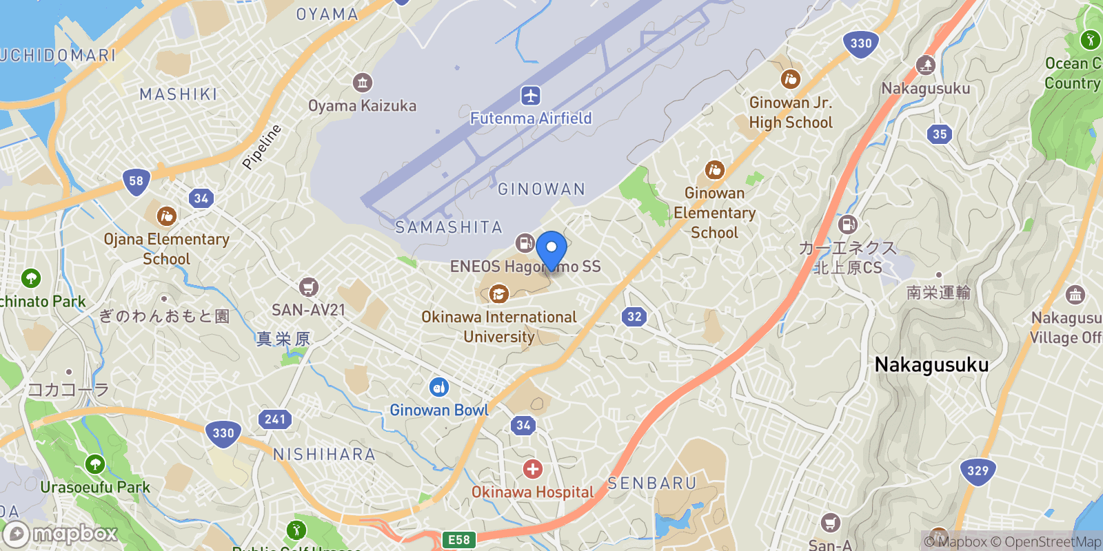 Map showing Ginowan-shi, 47, Ginowan, Okinawa, Japan.
