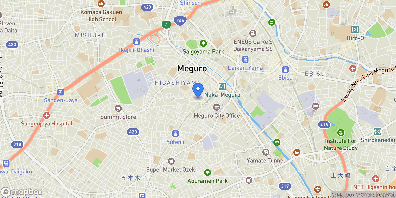 Map showing Meguro-ku, 13 153-0051, Meguro City, Tokyo, Japan.