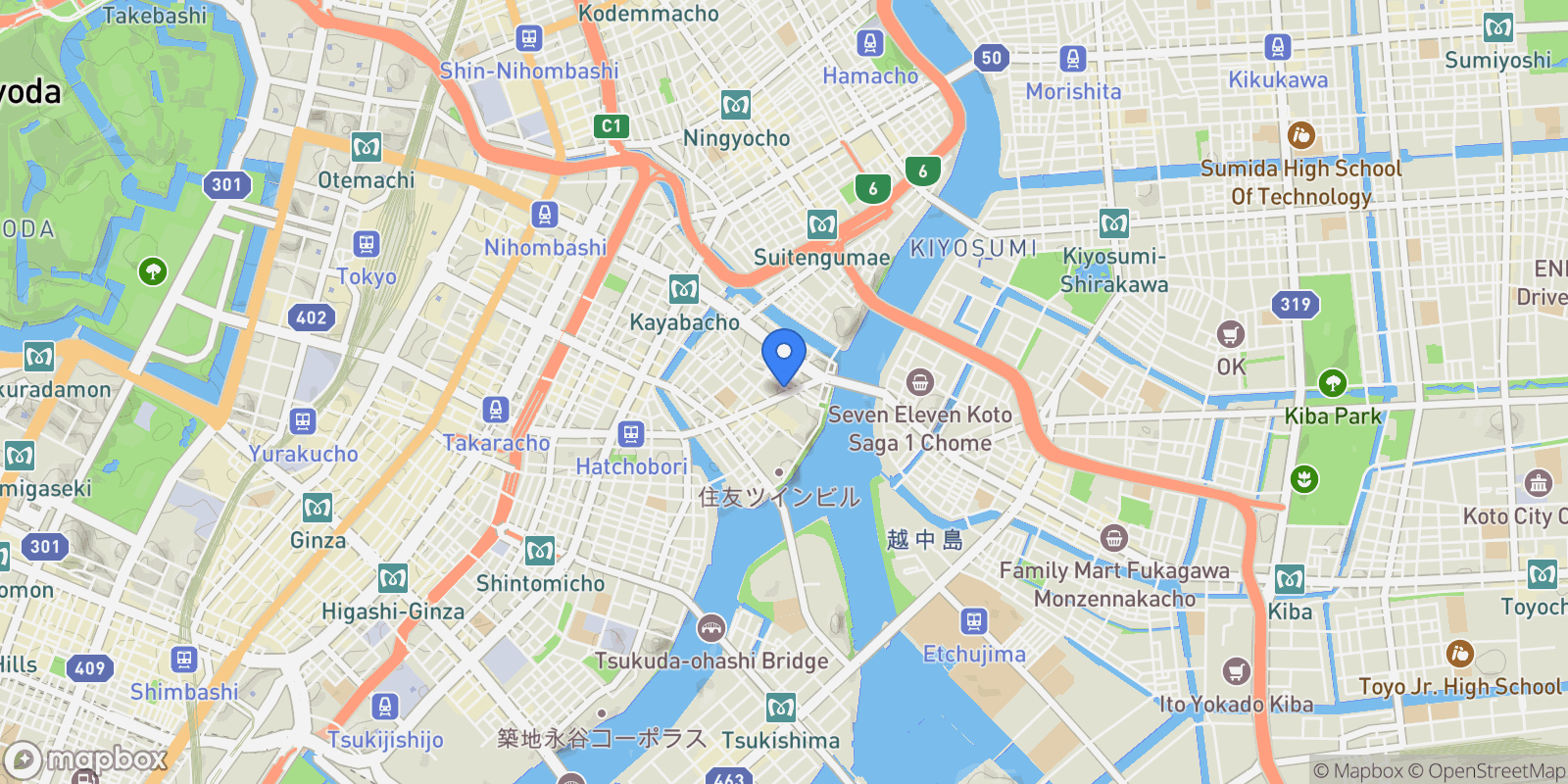 Map showing Chuo-ku, 13 104-0033, Chuo City, Tokyo, Japan.