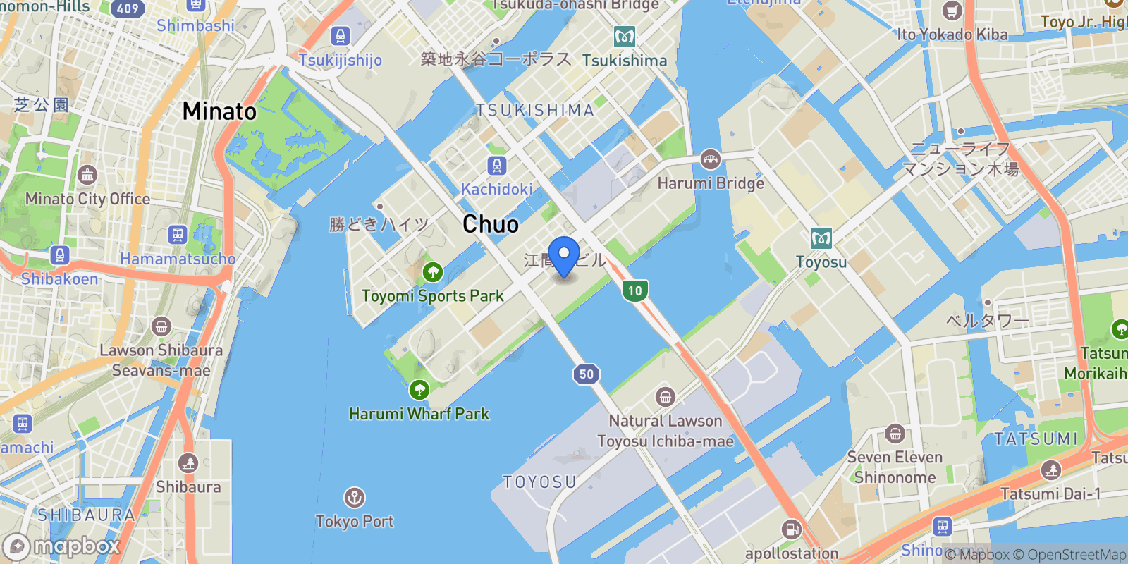 Map showing Chuo-ku, 13 104-0053, Chuo City, Tokyo, Japan.