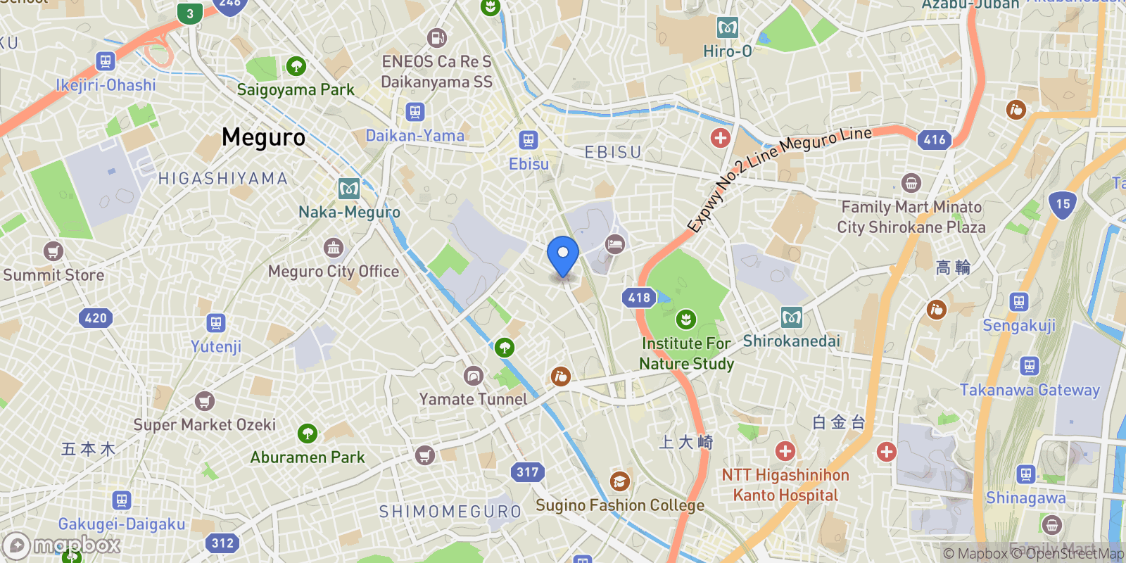 Map showing Meguro-ku, 13 153-0062, Meguro City, Tokyo, Japan.