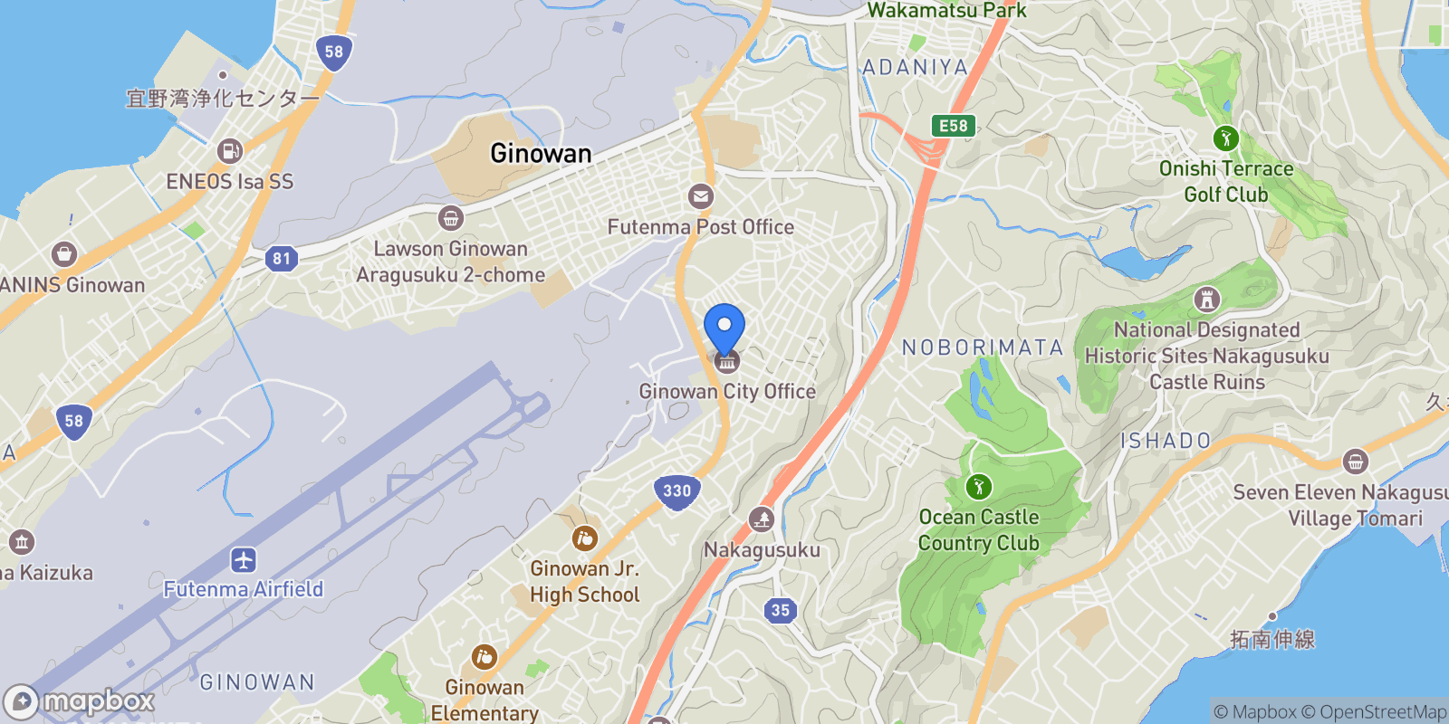 Map showing Ginowan, 47, Ginowan, Okinawa, Japan.