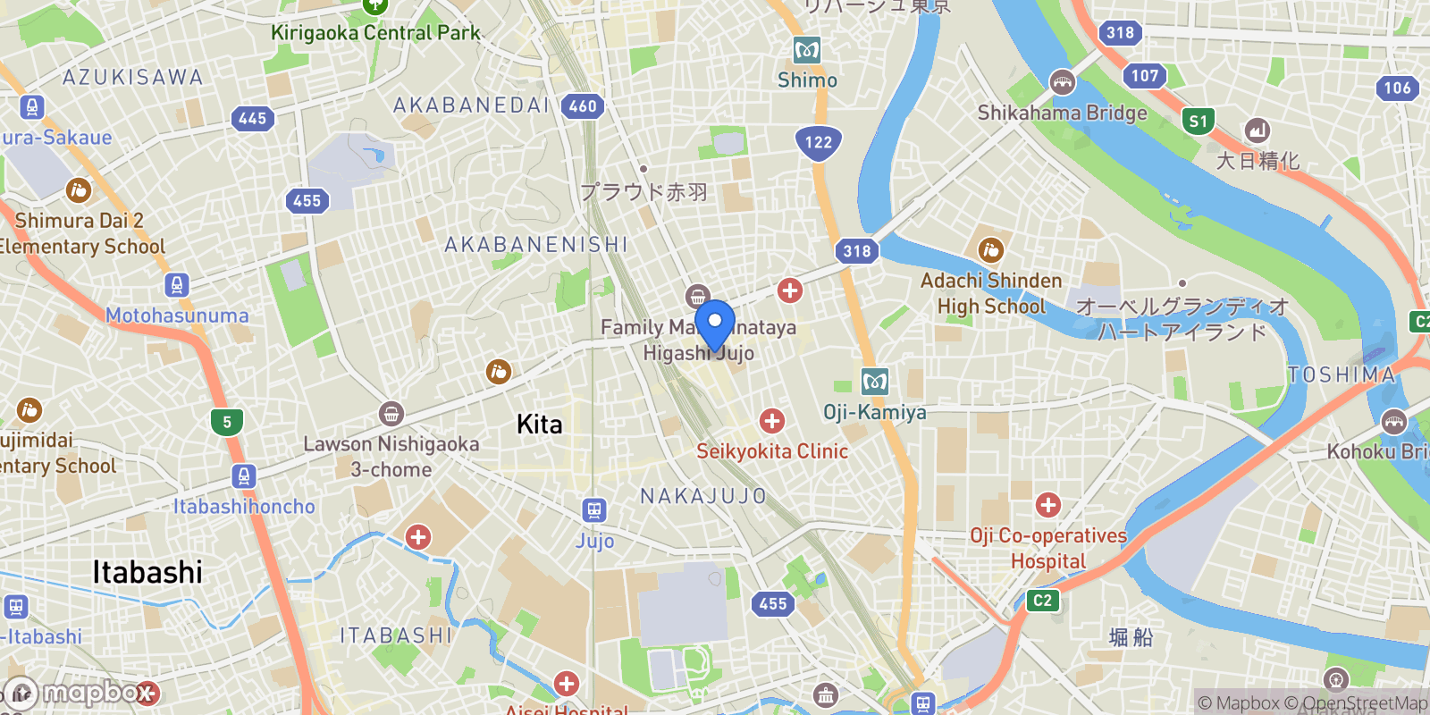 Map showing Kita-ku, 13 114-0001, Kita City, Tokyo, Japan.