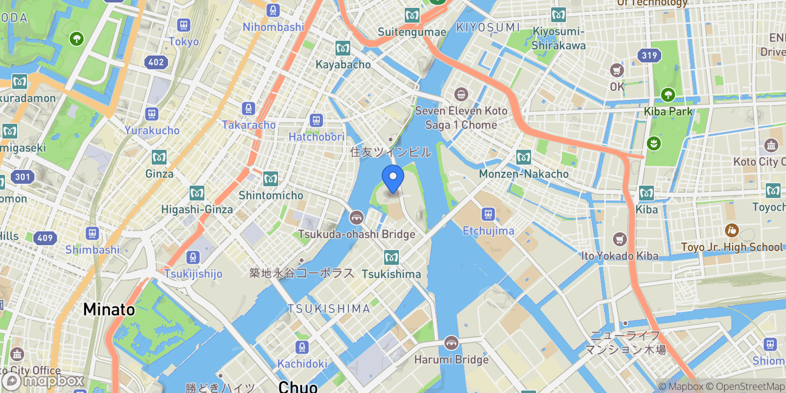 Map showing Chuo-ku, 13 104-0051, Chuo City, Tokyo, Japan.