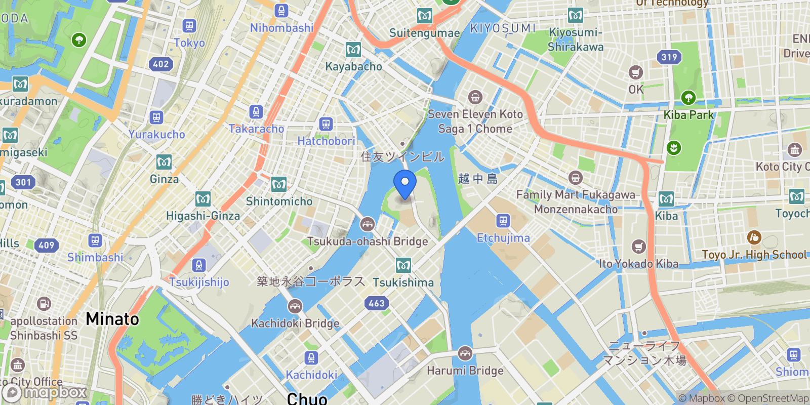 Map showing Chuo-ku, 13 104-0051, Chuo City, Tokyo, Japan.