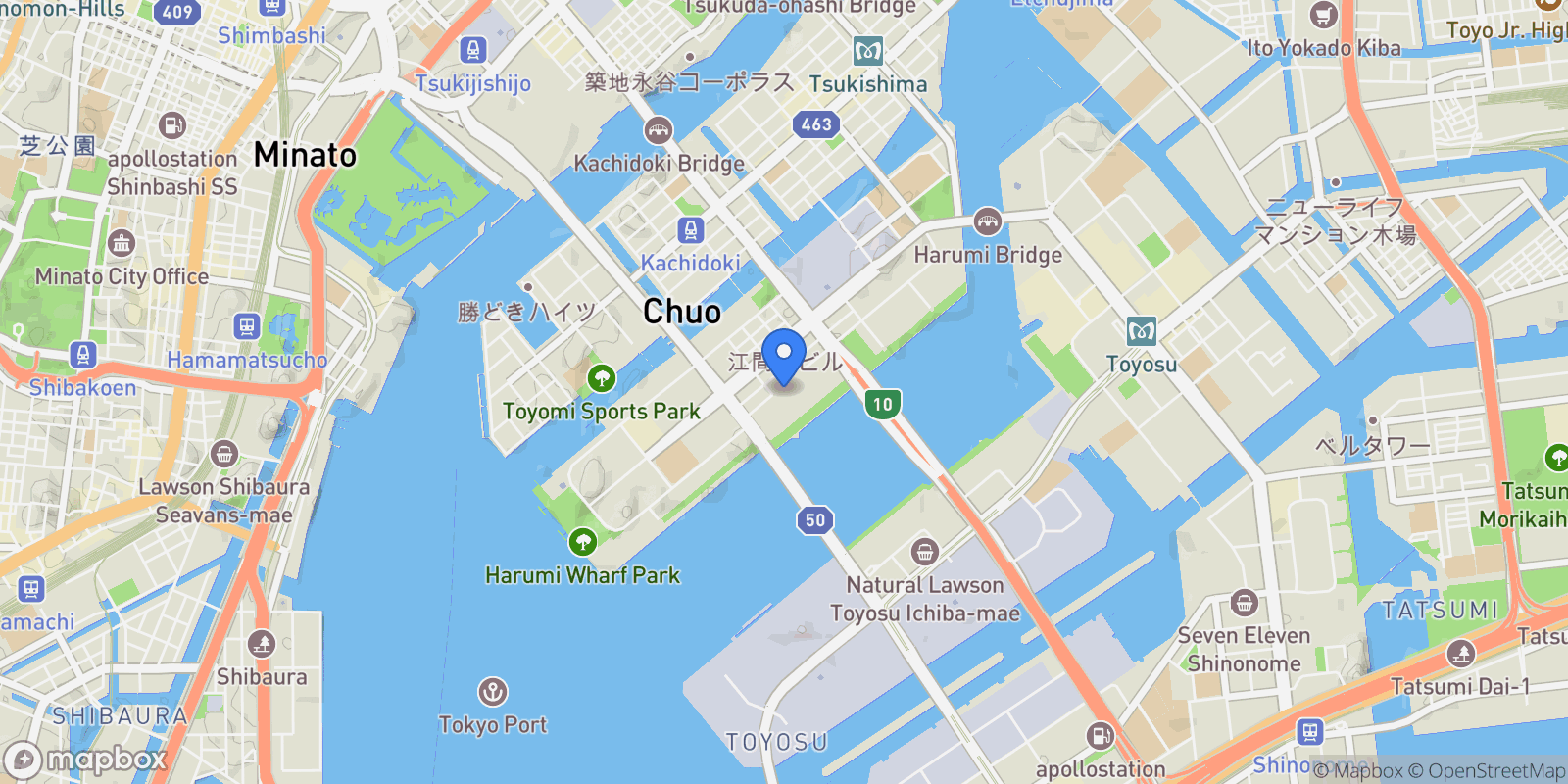 Map showing Chuo-ku, 13 104-0053, Chuo City, Tokyo, Japan.