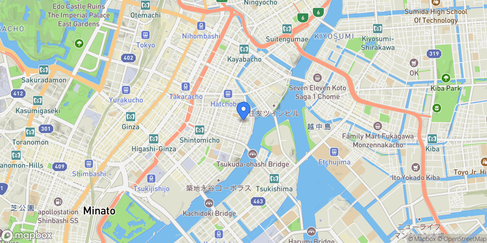 Map showing Chuo-ku, 13 104-0043, Chuo City, Tokyo, Japan.