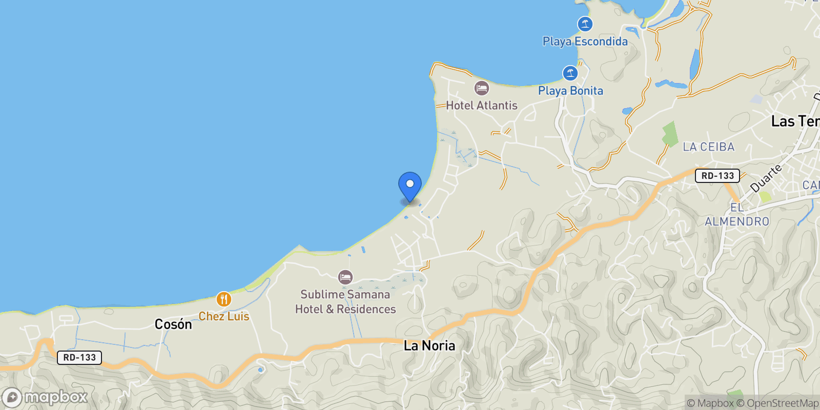 Map showing 8C3F+Q62, Las Terrenas 32000, Dominican Republic, Las Terrenas, Samaná Province, Dominican Republic.