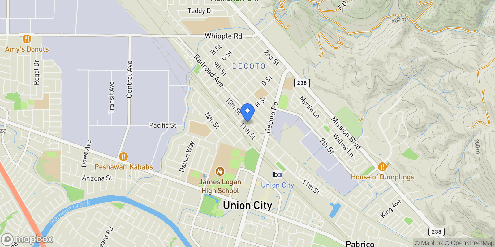 Map showing 33853 10th St, Union City, California, United States.