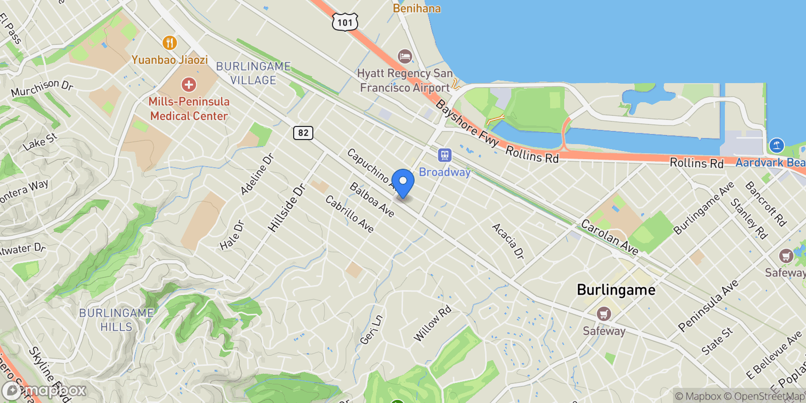 Map showing 1140 El Camino Real, Burlingame, California, United States.