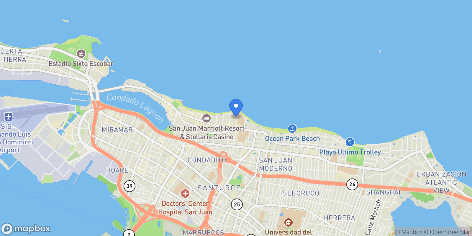 Map showing 20 Washington St., PH-C, San Juan, 00907, San Juan, San Juan, Puerto Rico.