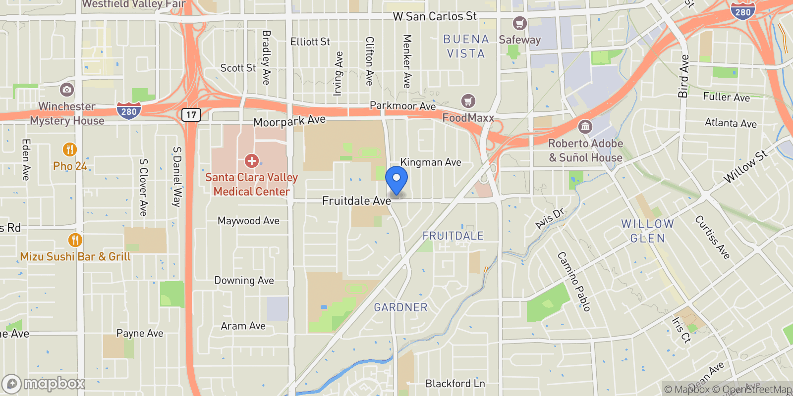 Map showing 1707 Fruitdale Avenue, San Jose, California, United States.