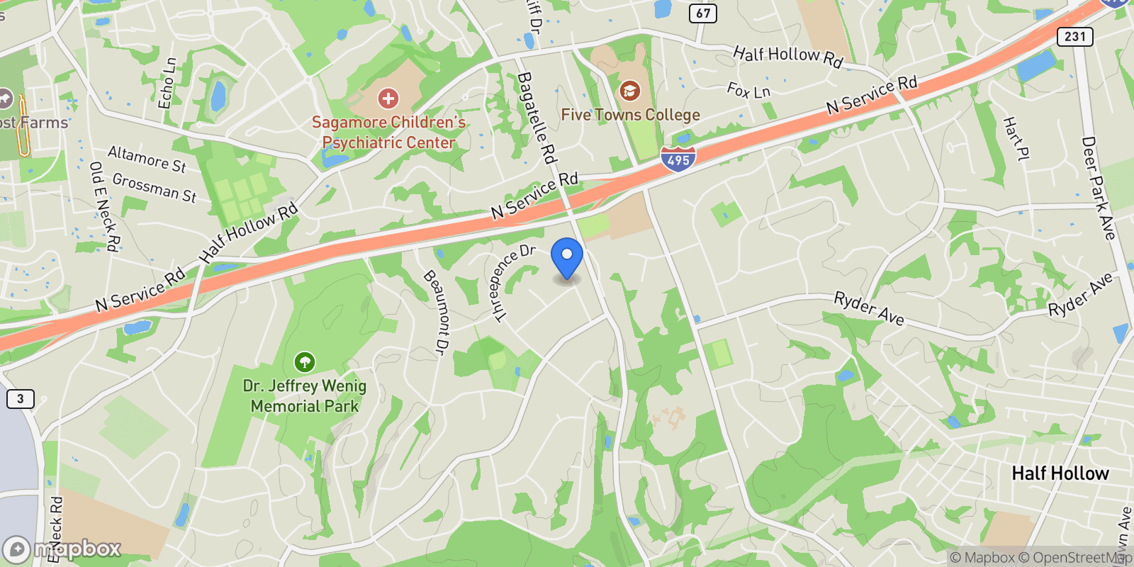 Map showing 10 Threepence Drive, Melville, New York, United States.