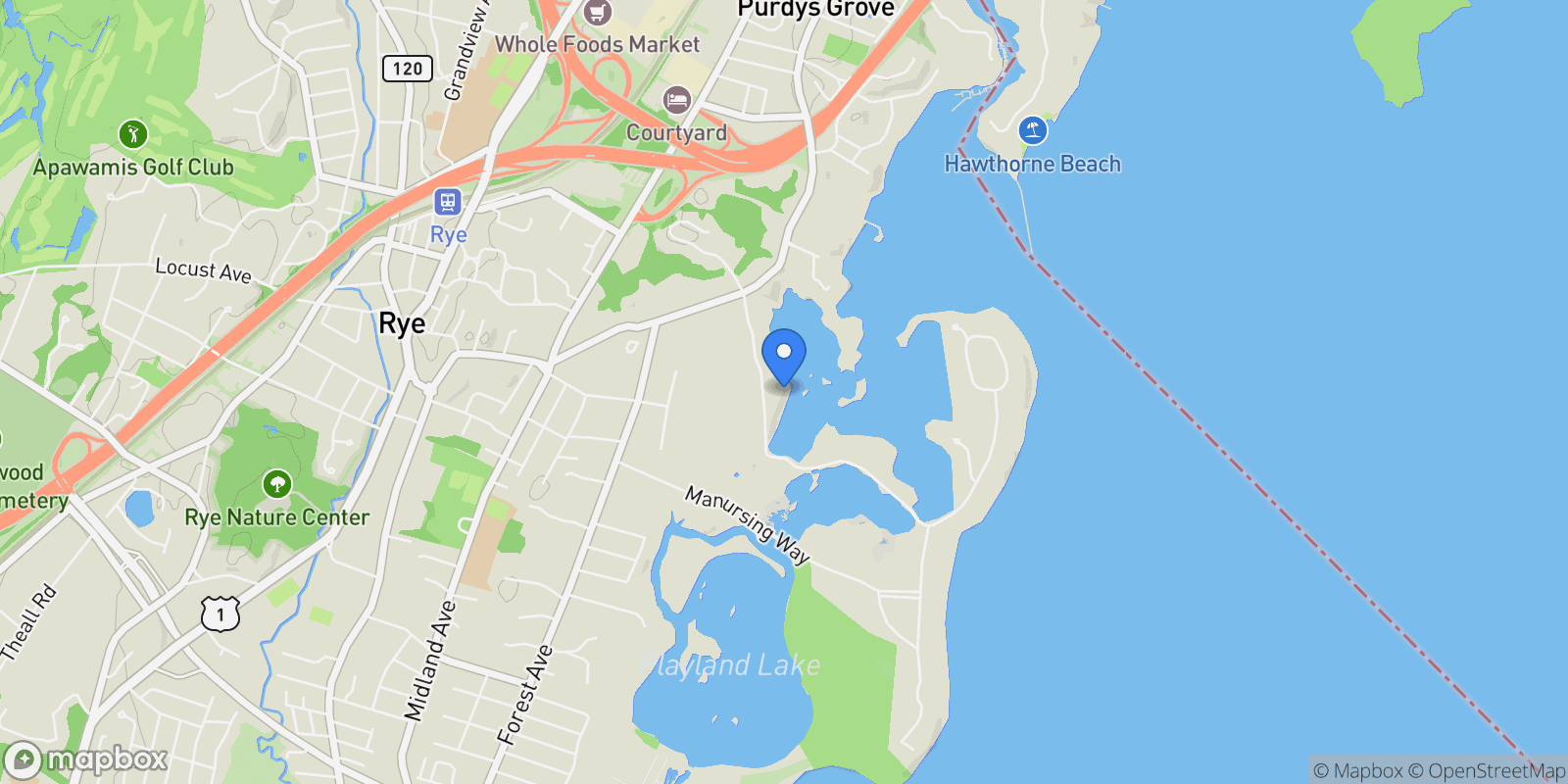 Map showing 13 Kirby Lane, Rye, New York, United States.