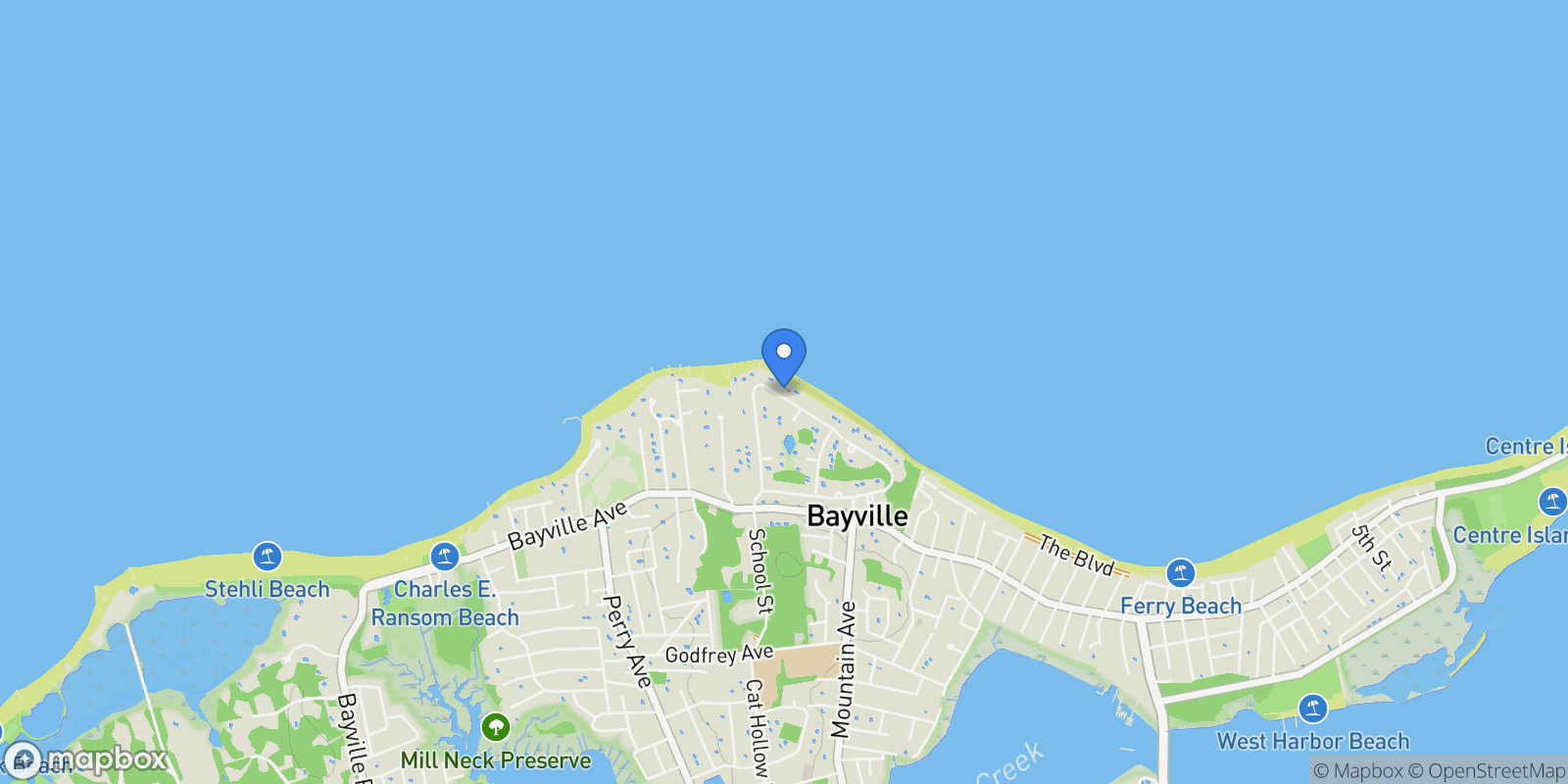 Map showing 43 Oak Point Drive N, Bayville, New York, United States.