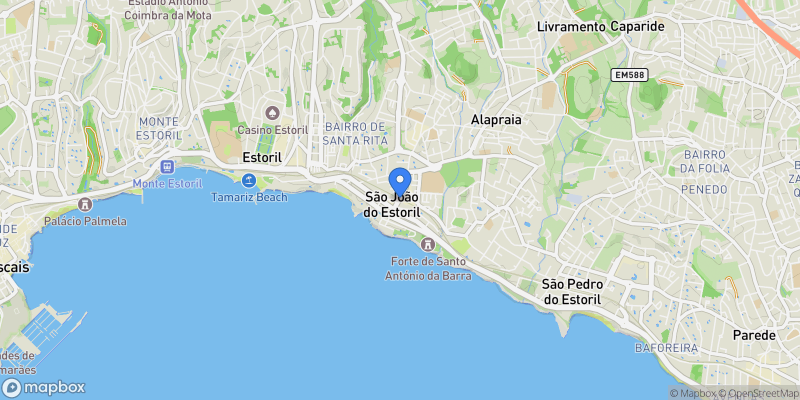 Map showing São João do Estoril, 2765 Estoril, Portugal, Estoril, Cascais e Estoril, Lisbon.