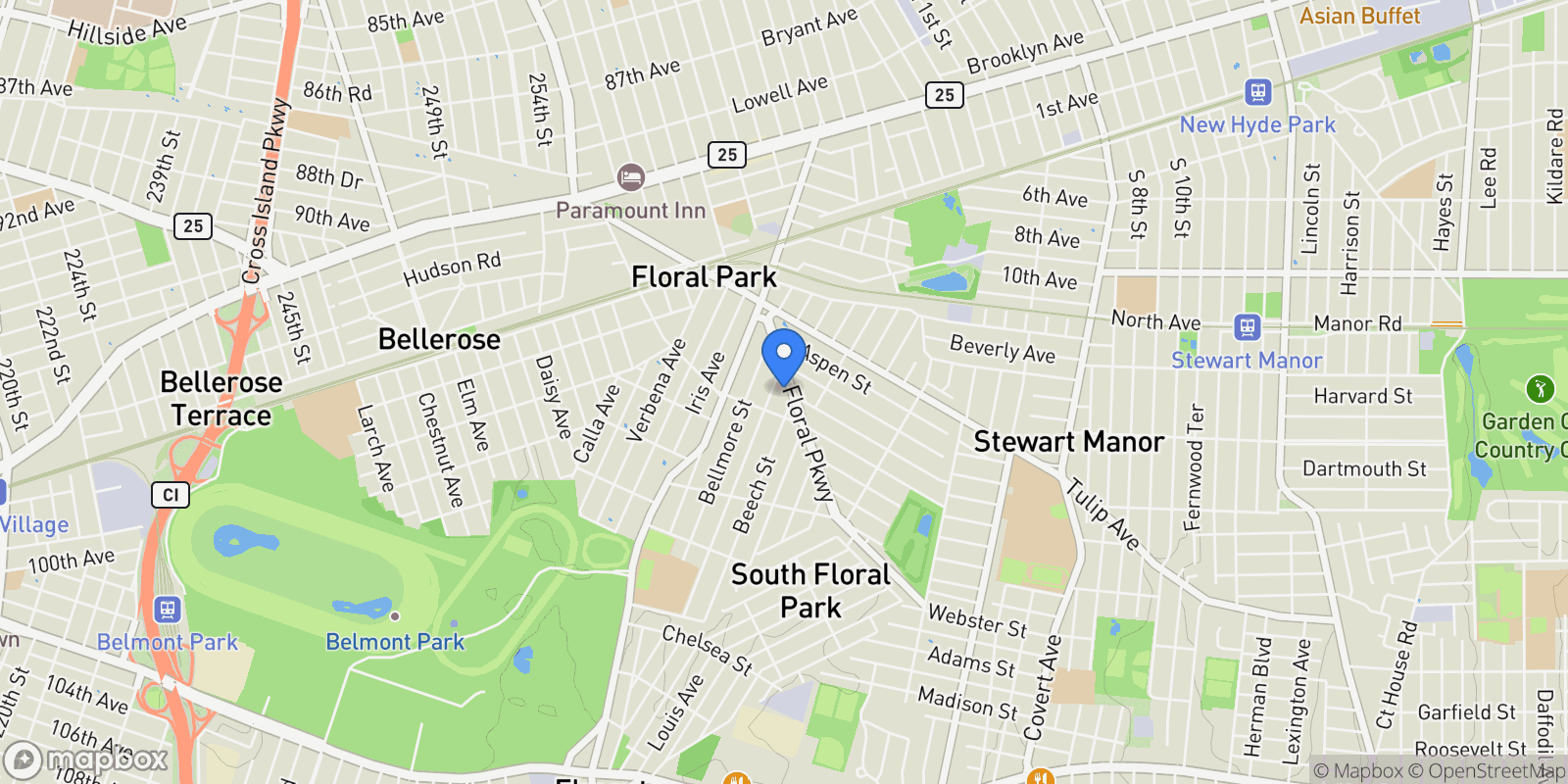 Map showing 56 Floral Parkway, North New Hyde Park, New York, United States.