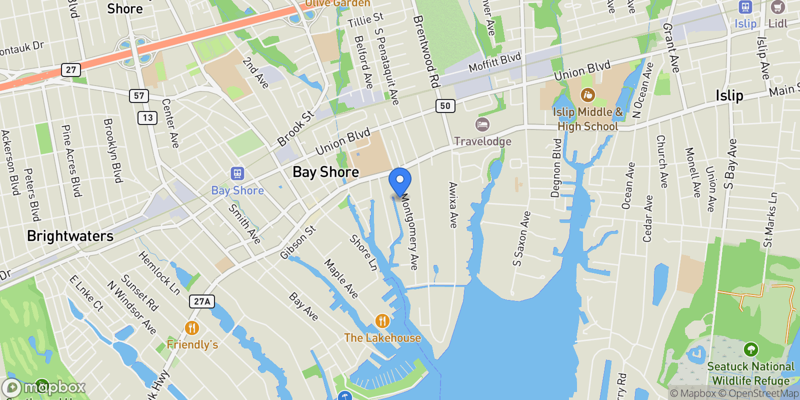 Map showing 28 S Montgomery Avenue, Bay Shore, New York, United States.