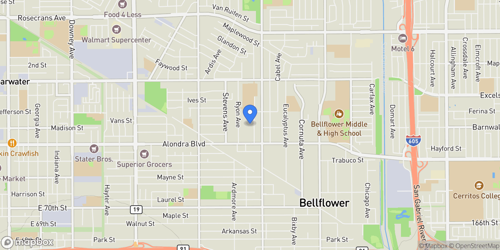 Map showing 15553 Blaine Ave, Bellflower, California, United States.