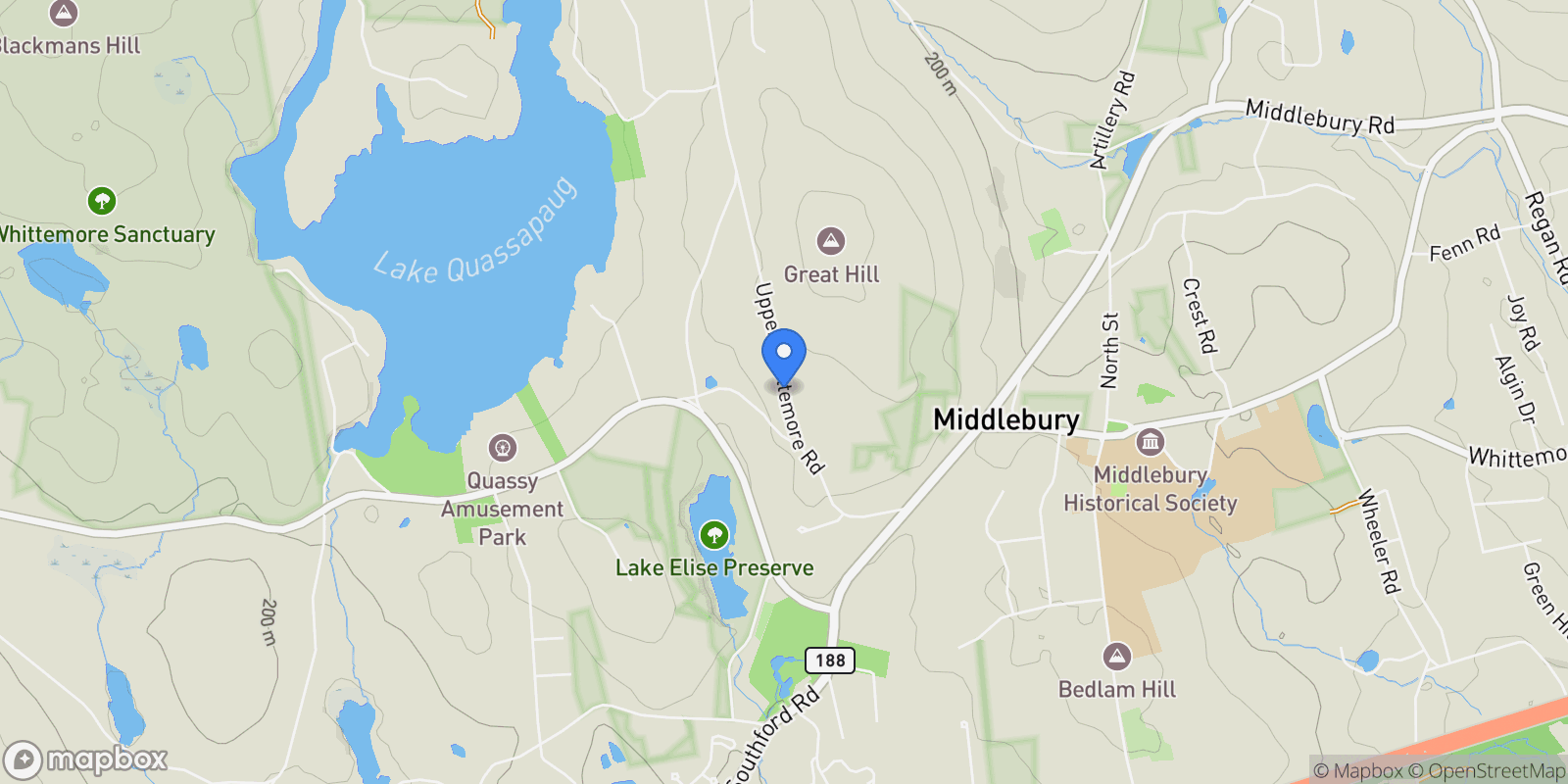 Map showing 130 Upper Whittemore Road, Middlebury, CT 06762, Middlebury, Connecticut, United States.