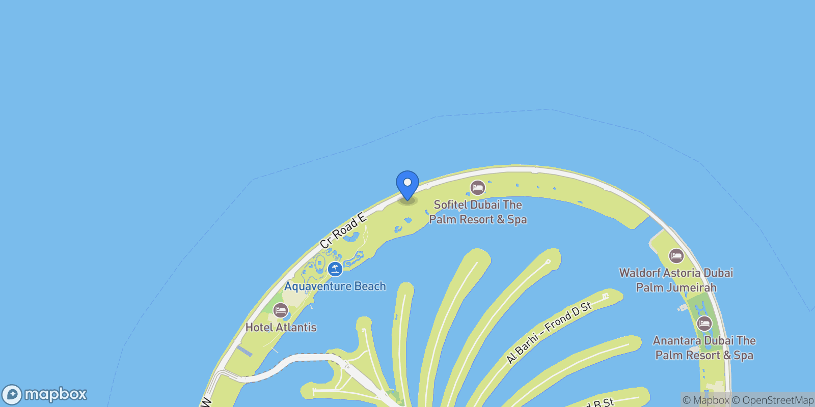 Map showing Palm Jumeirah - Crescent Rd - The Palm Jumeirah - Dubai - United Arab Emirates, Dubai, Dubai, United Arab Emirates.