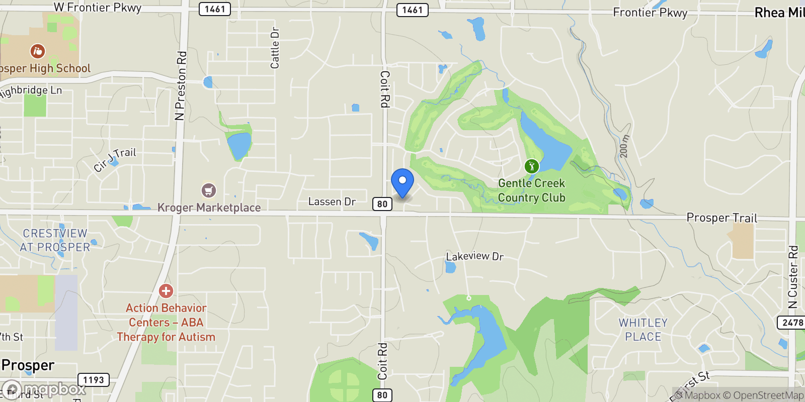 Map showing 841 Wind Brook Lane, Prosper, Texas, United States.