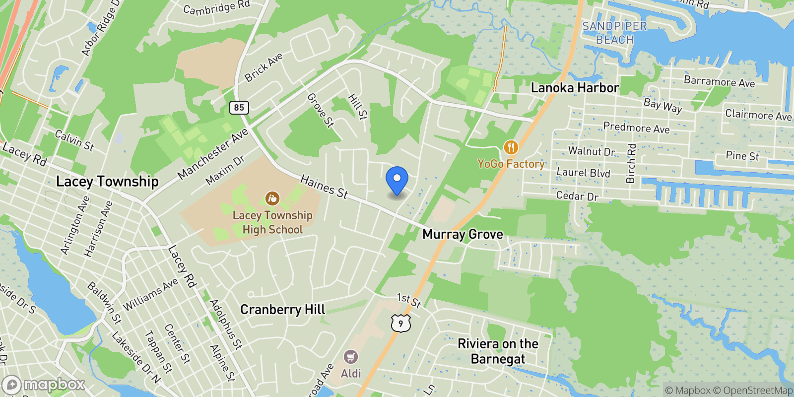 Map showing 21 Ernest Dr, Lanoka Harbor, NJ 08734, Lacey Township, New Jersey, United States.