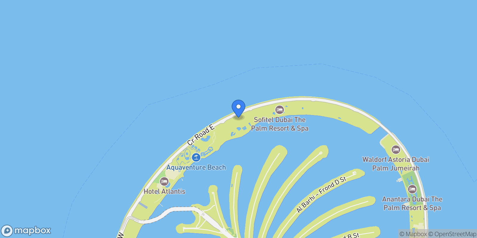 Map showing Palm Jumeirah - Crescent Rd - The Palm Jumeirah - Dubai - United Arab Emirates, Dubai, Dubai, United Arab Emirates.