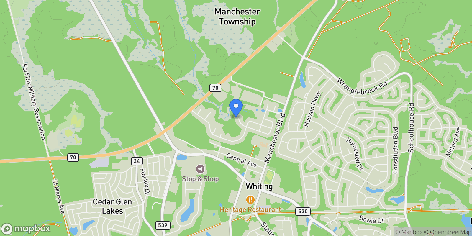 Map showing 681 Timberline Ln, Manchester, NJ 08759, Manchester Township, New Jersey, United States.