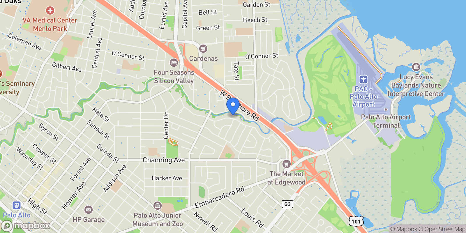 Map showing 1597 Edgewood Drive , Palo Alto, CA 94303, East Palo Alto, California, United States.