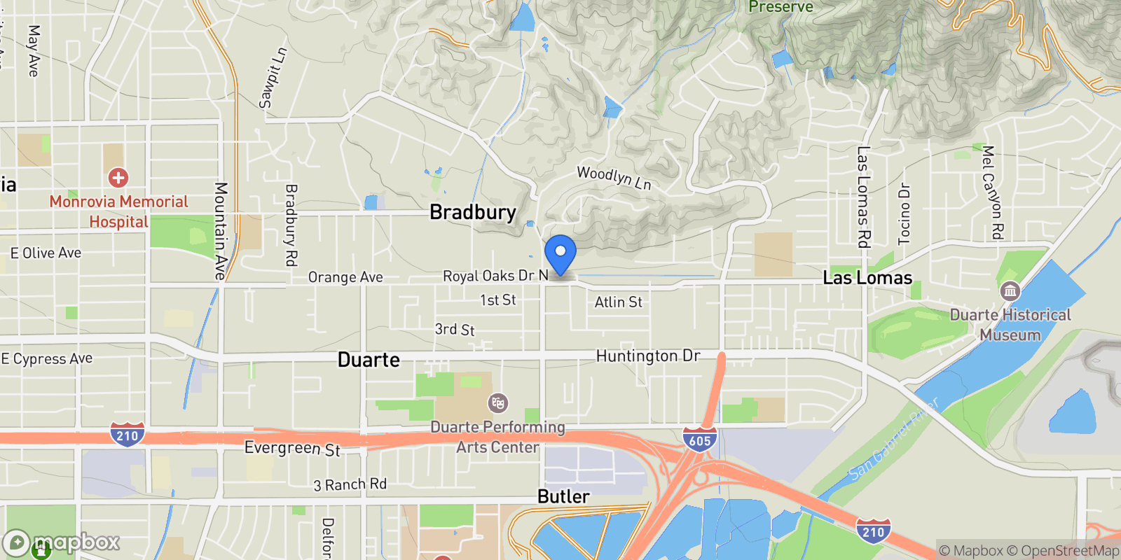 Map showing 1835 Royal Oaks Drive, Duarte, California, United States.