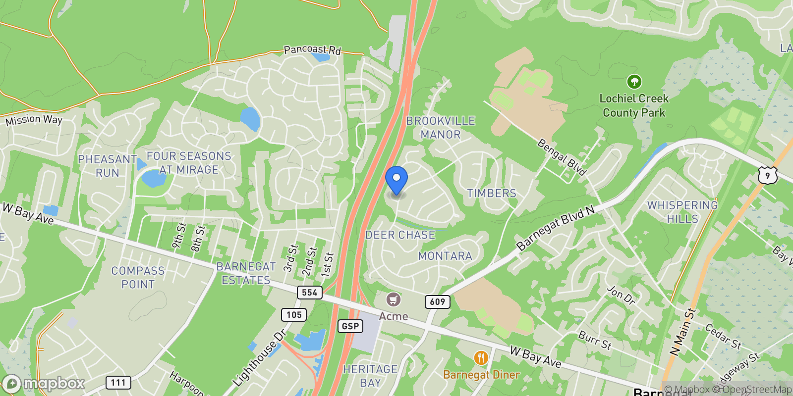 Map showing 147 Spruce Cir N, Barnegat, NJ 08005, Barnegat Township, New Jersey, United States.